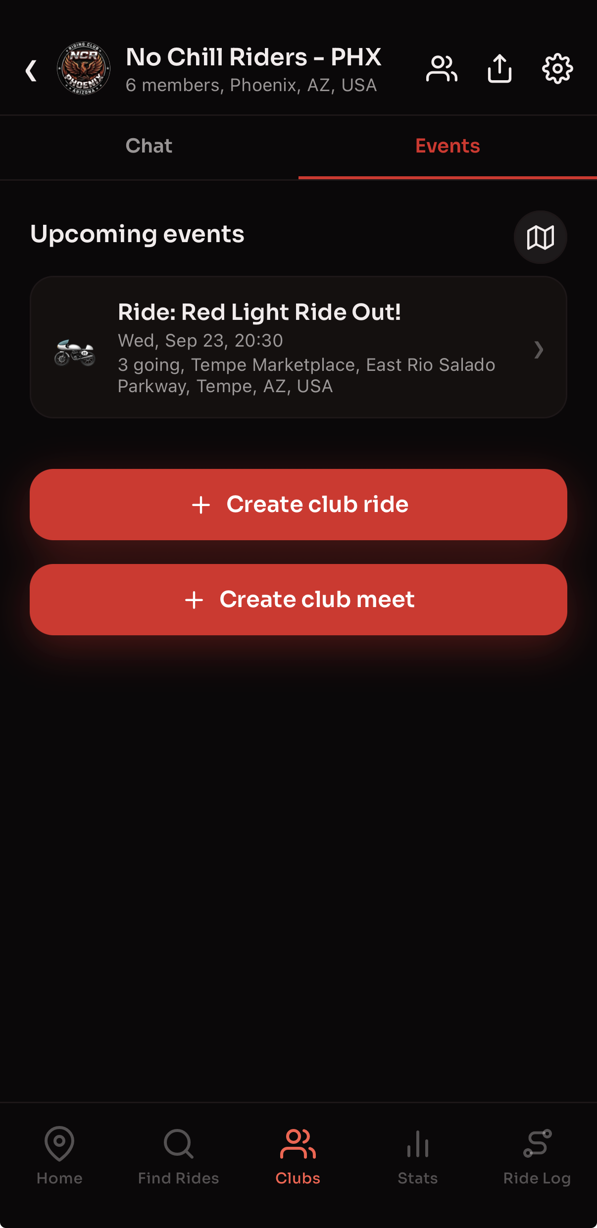 Club events in Radds with options to create a club ride or club meet